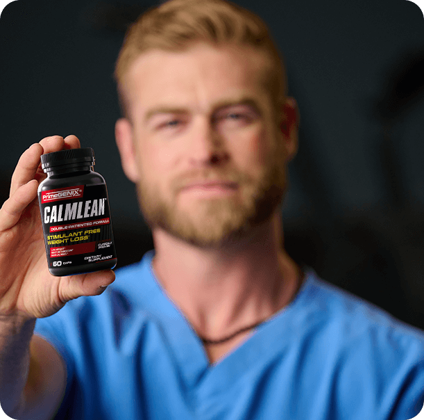 Dr. Kaleb Redding holding a bottle of PrimeGENIX Calmlean.