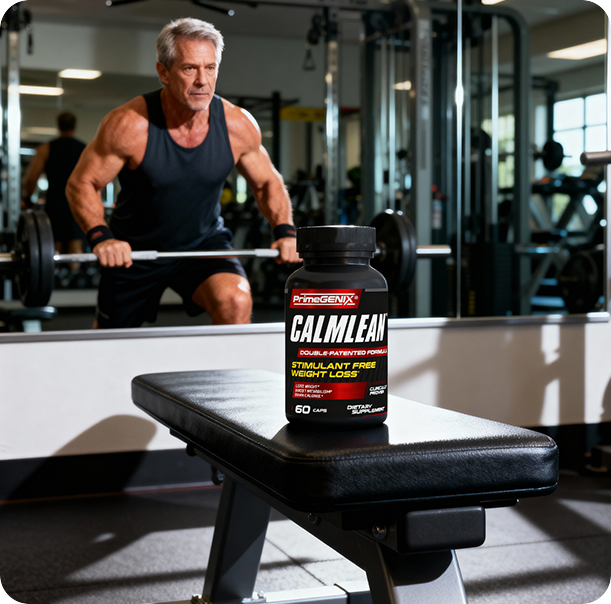 Man working out in front of a mirror - PrimeGENIX Calmlean.
