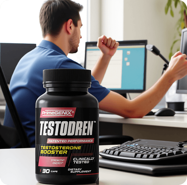 Man standing behind a large testodren bottle while holding dumbbells.