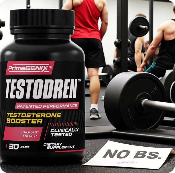 Man standing behind a large testodren bottle while holding dumbbells.
