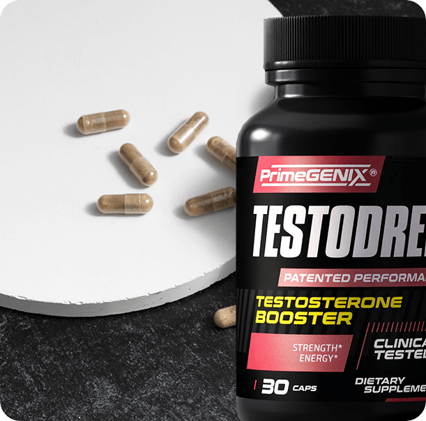 Man standing behind a large testodren bottle while holding dumbbells.