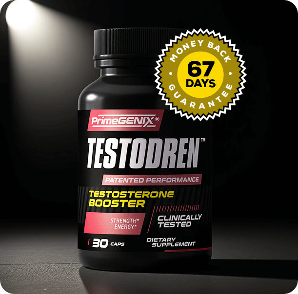 Man standing behind a large testodren bottle while holding dumbbells.